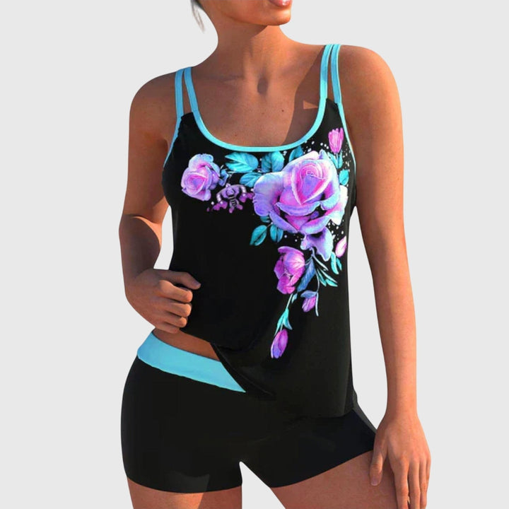 Flor – Tankini floreale con short, effetto ventre piatto