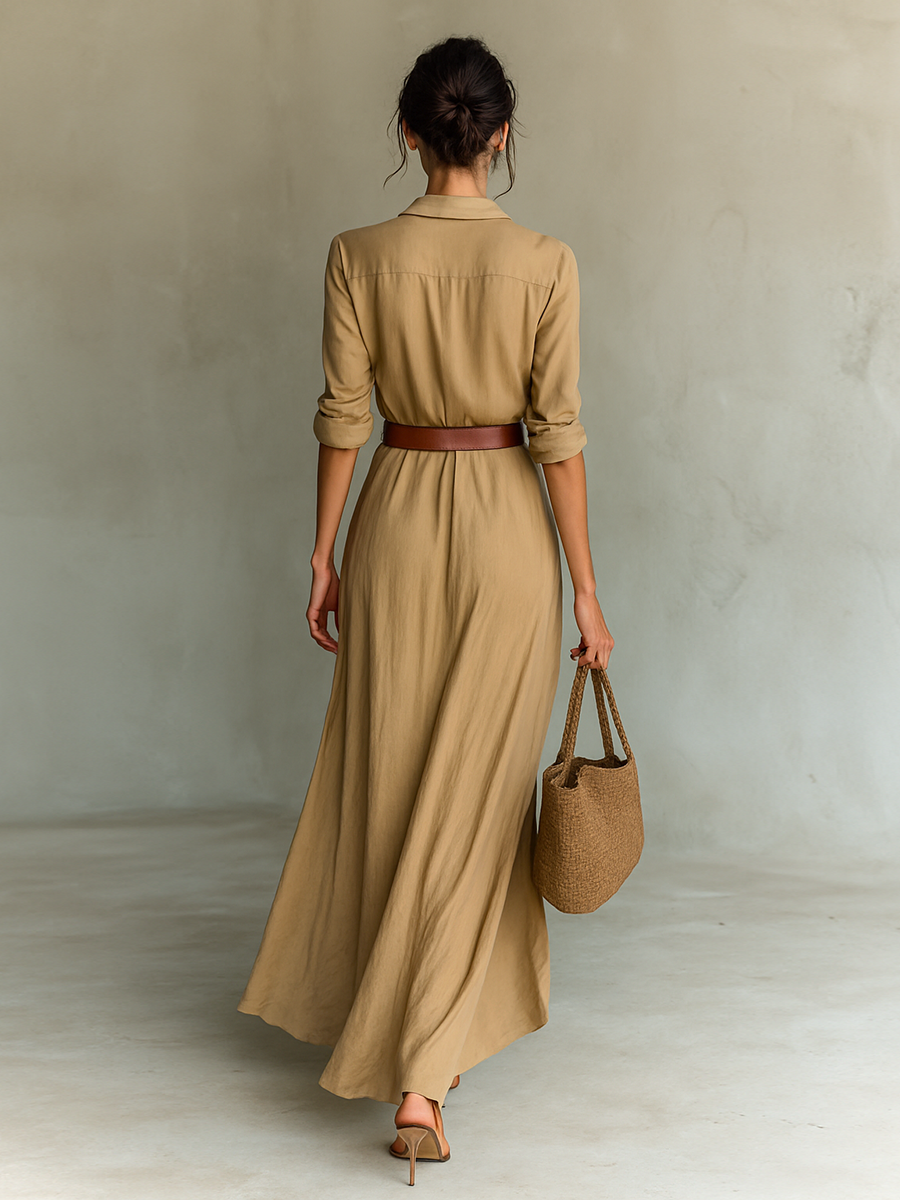 Vestito Maxi Lungo con Collo Notch e Maniche Lunghe per Donne