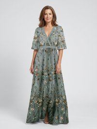 Evadne | Vestito Maxi a Manica Corta con Scollatura a V Floreale