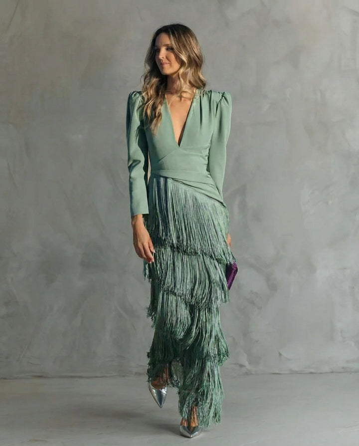 Clara™ | Elegante Vestito Midi con Maniche Frangiate