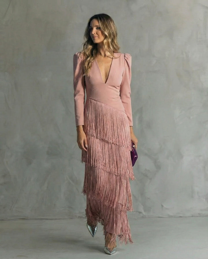 Clara™ | Elegante Vestito Midi con Maniche Frangiate