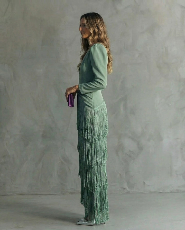Clara™ | Elegante Vestito Midi con Maniche Frangiate