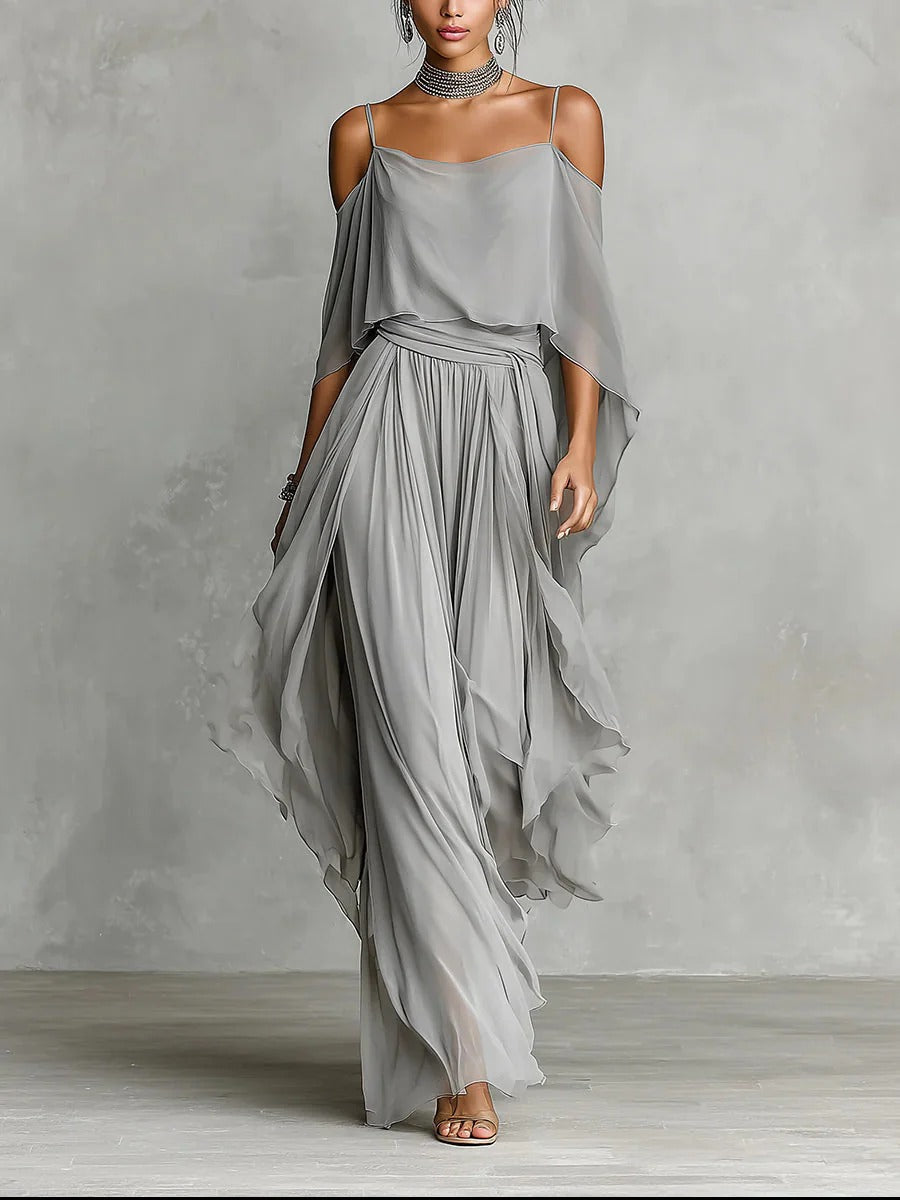 Isabela | Completo Fluido Grigio Elegante Top con Spalline & Pantaloni Leggeri
