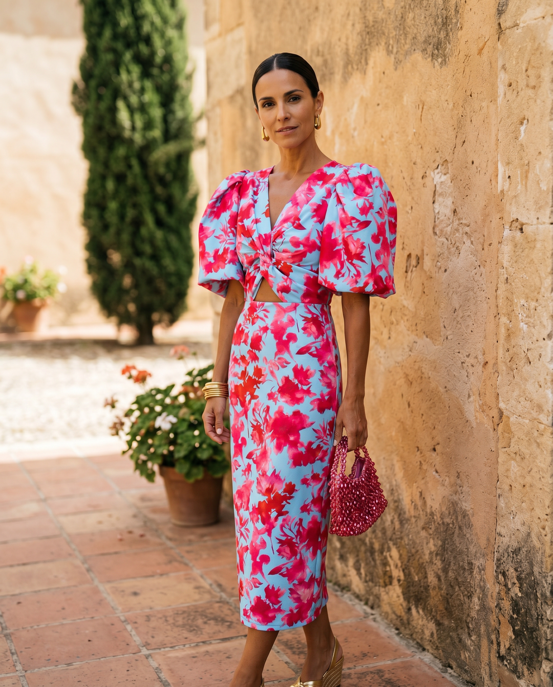 Carla | Vestito Midi Stampato con Maniche Gonfie