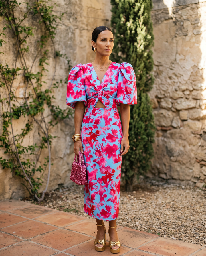 Carla | Vestito Midi Stampato con Maniche Gonfie
