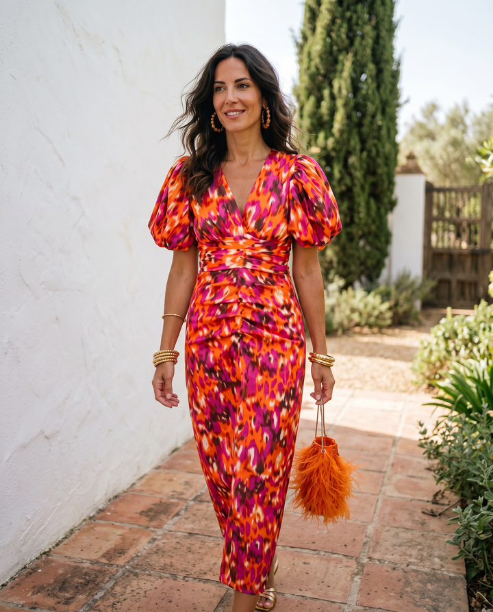Carla | Vestito Midi Stampato con Maniche Gonfie