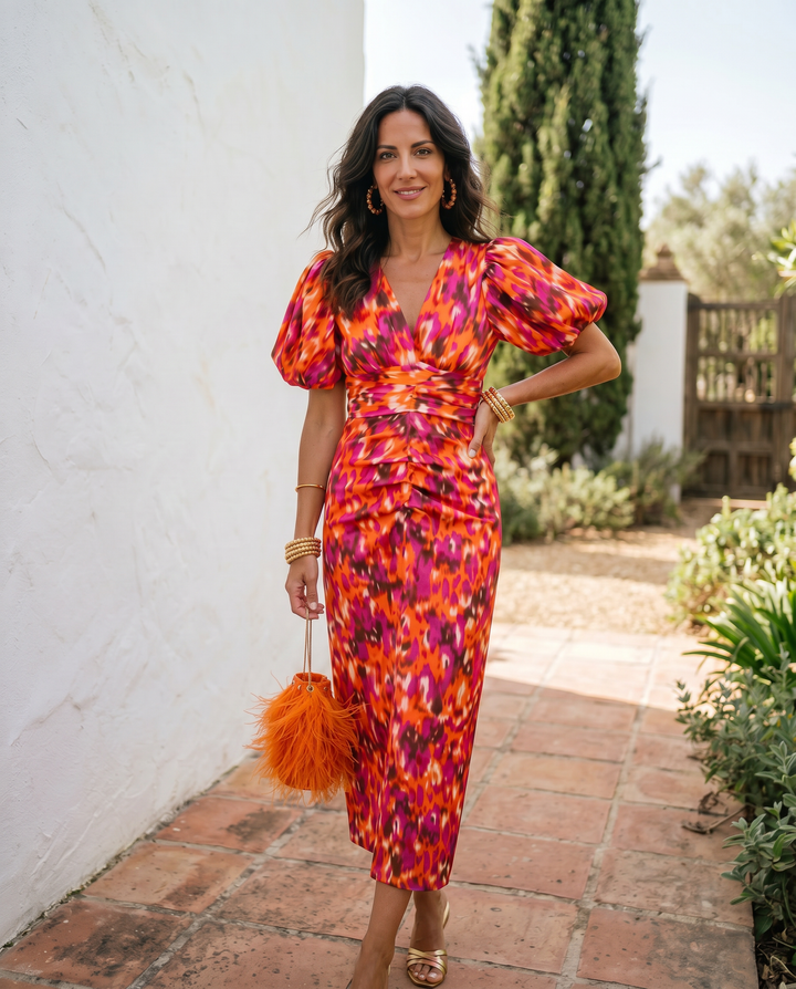 Carla | Vestito Midi Stampato con Maniche Gonfie