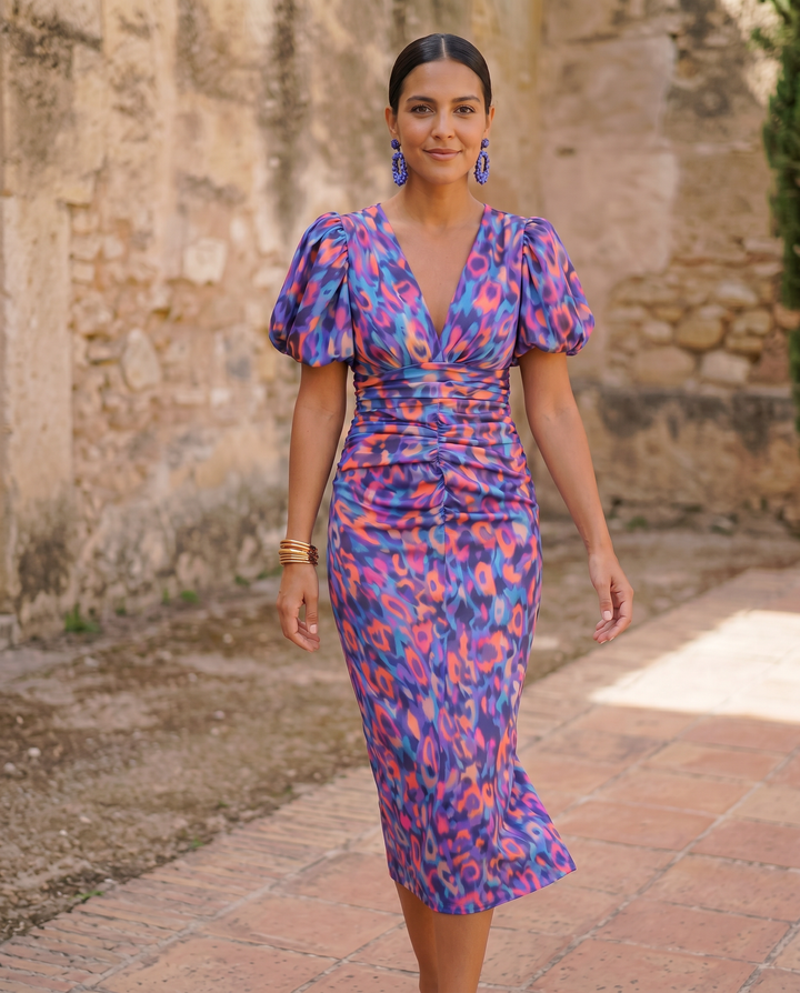 Carla | Vestito Midi Stampato con Maniche Gonfie