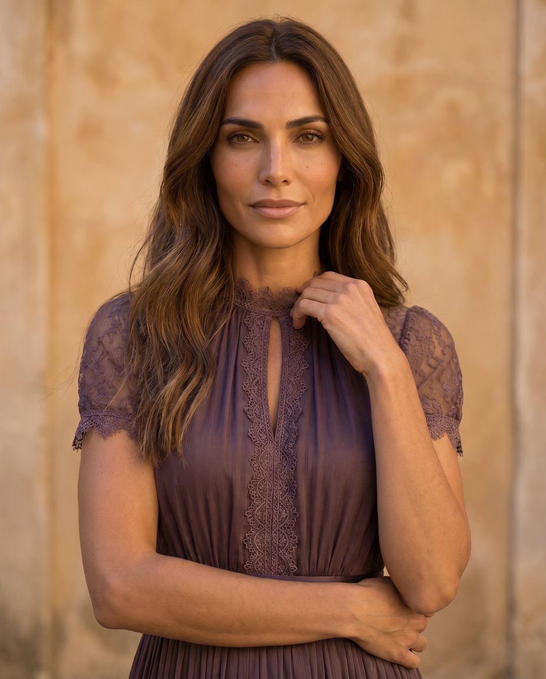 Flavia | Abito lungo viola con scollatura a chiave, bordo in pizzo di chiffon