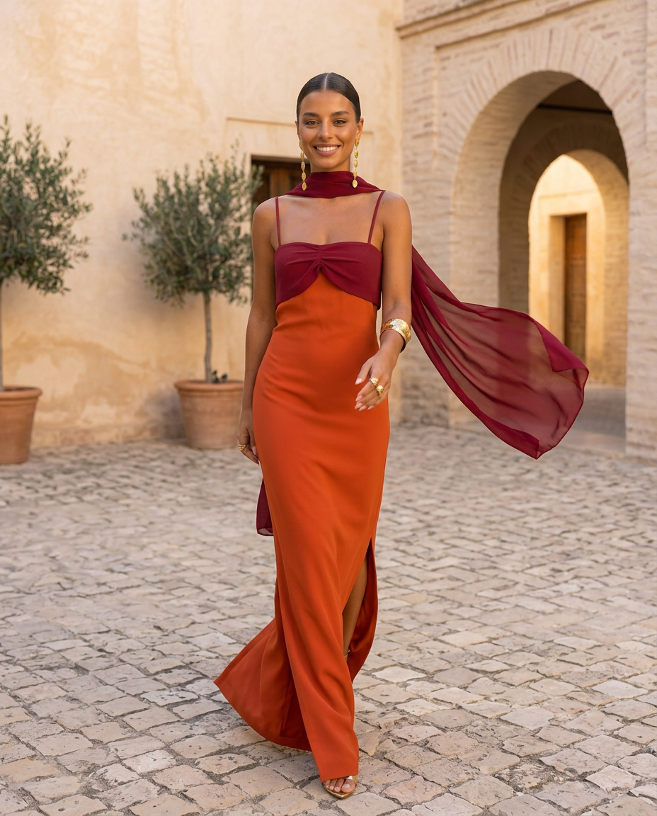 Sahara | Vestito arancione con scollatura rossa