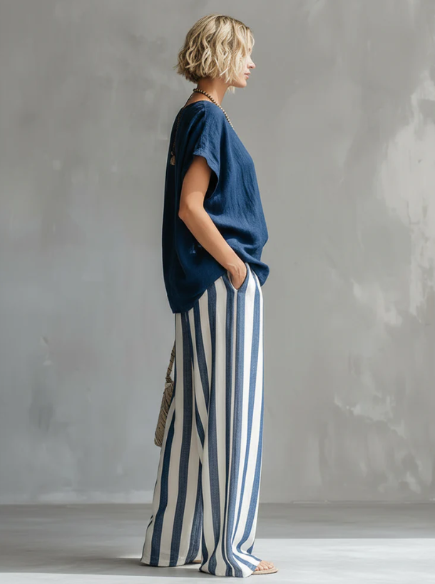 Sienna | Completo Due Pezzi Ampio in Cotone e Lino a Righe
