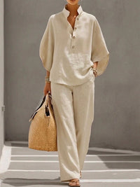 Mariel | Insieme Cotone Lino Maniche A Pipistrello Pantaloni Larghi