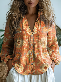 Melanie | Incantevole Stampa di Arte Floreale Vintage a Maniche Lunghe Casual