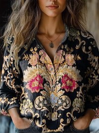 Kathleen | Stampa di Arte Floreale Vintage Incantevole con Maniche Lunghe Casual
