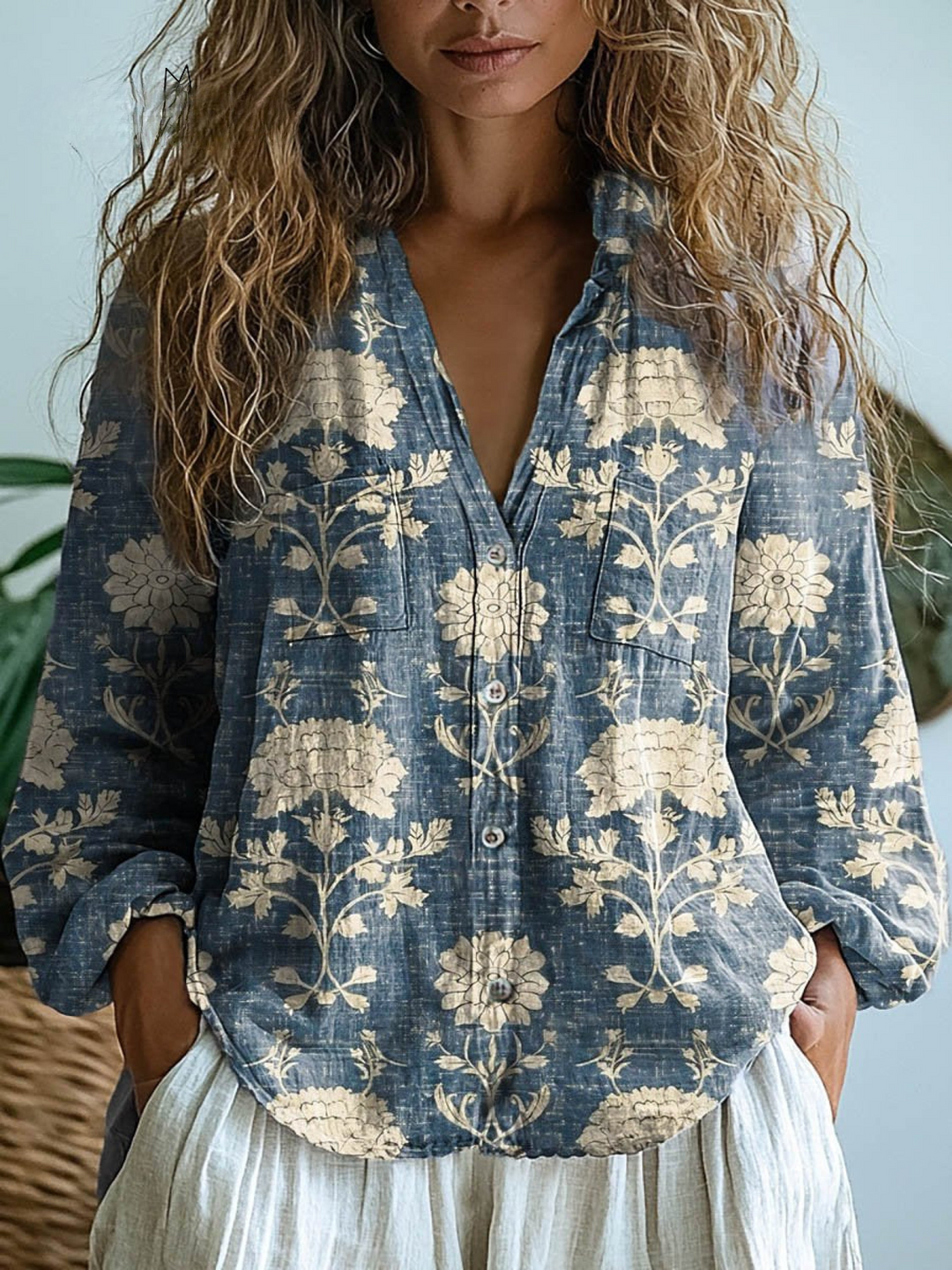 Brenda | Camicia di Cotone Comoda a Maniche Lunghe Casual con Stampa Floreale Vintage per Donne