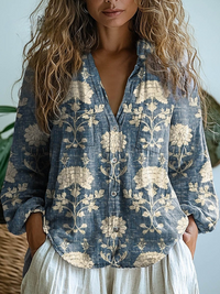 Brenda | Camicia di Cotone Comoda a Maniche Lunghe Casual con Stampa Floreale Vintage per Donne