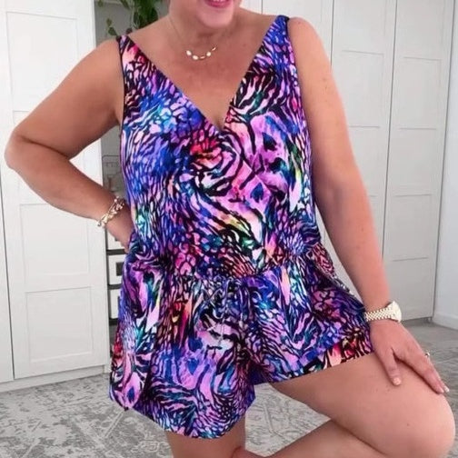 Costume da bagno senza maniche con scollo a V e stampa