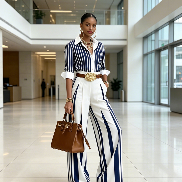 Elena || Completo con camicia a righe e pantaloni larghi