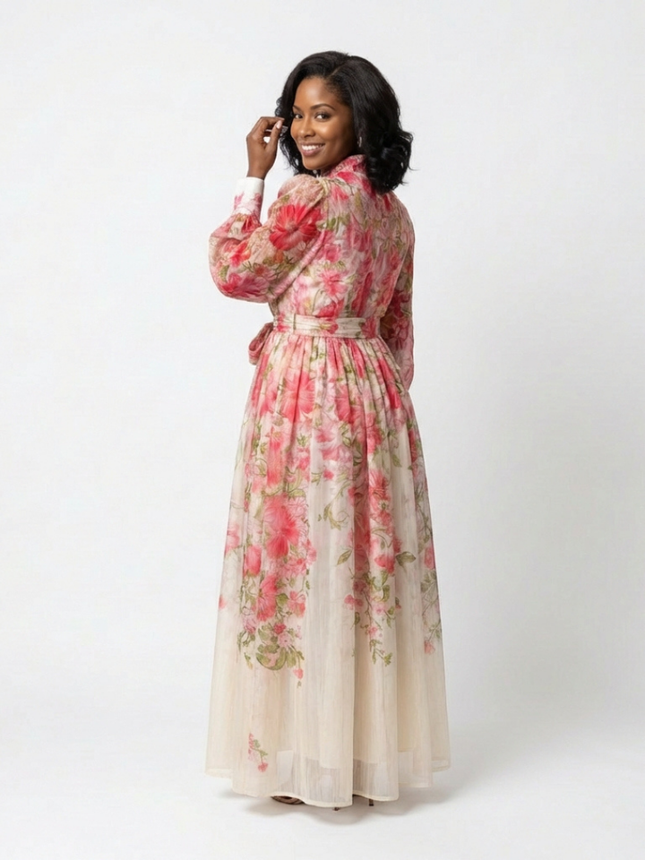 Cressida | Vestito Maxi Floreale Semitrasparente a Manica Lunga
