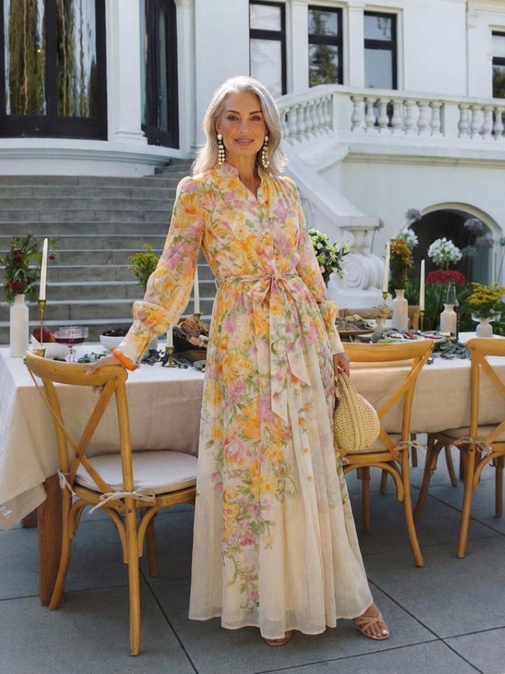 Cressida | Vestito Maxi Floreale Semitrasparente a Manica Lunga